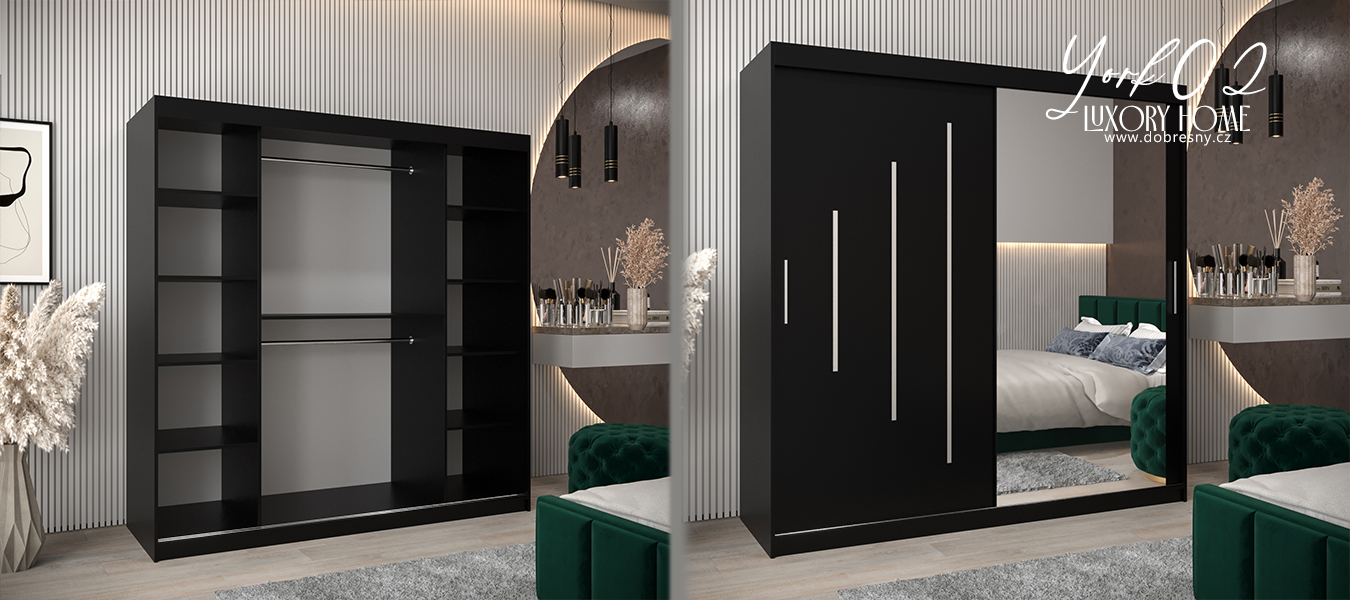 Šatní skříň s posuvnými dveřmi a zrcadlem YORK2 - 200x200cm -Černá-