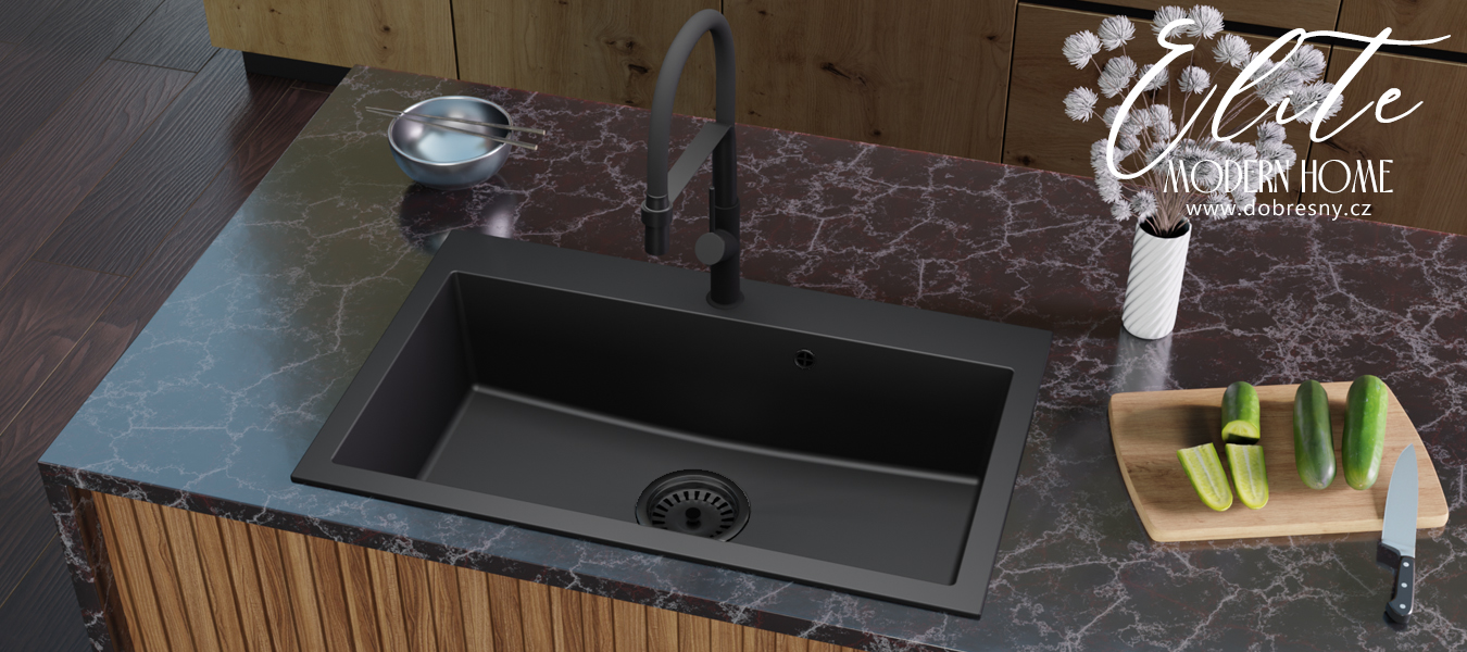 Granitový dřez ELITE černý + sifon černý 80 x 50 x 21 cm