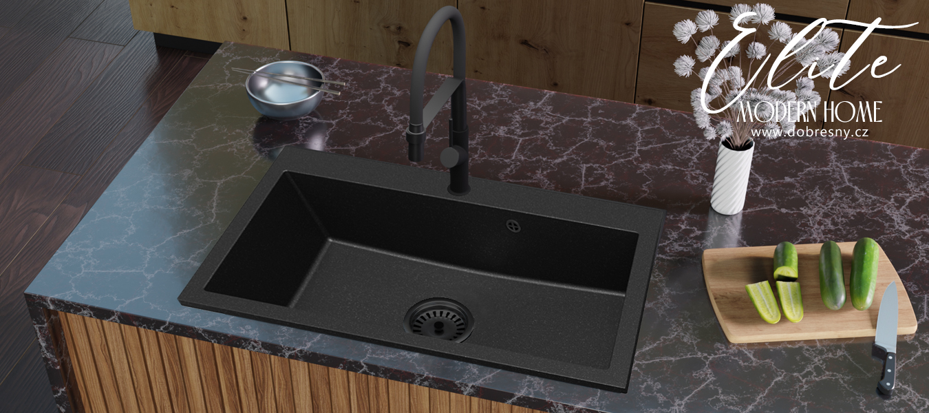 Granitový dřez ELITE černý s texturou ŽULY + sifon černý 80 x 50 x 21 cm