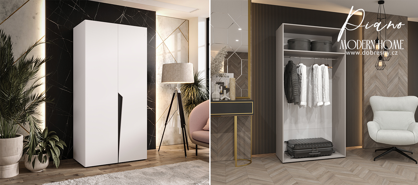 Šatní skříň PIANO 1, 100x52x202 cm | Bílá mat / černé úchyty