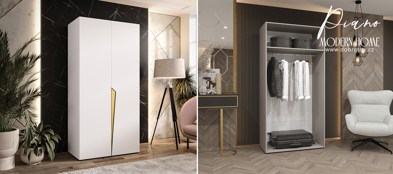 Šatní skříň PIANO 1, 100x52x202 cm | Bílá mat / zlaté úchyty