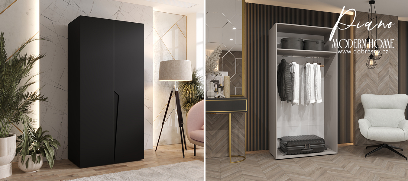 Šatní skříň PIANO 1, 100x52x202 cm | Černá matná / černé úchyty