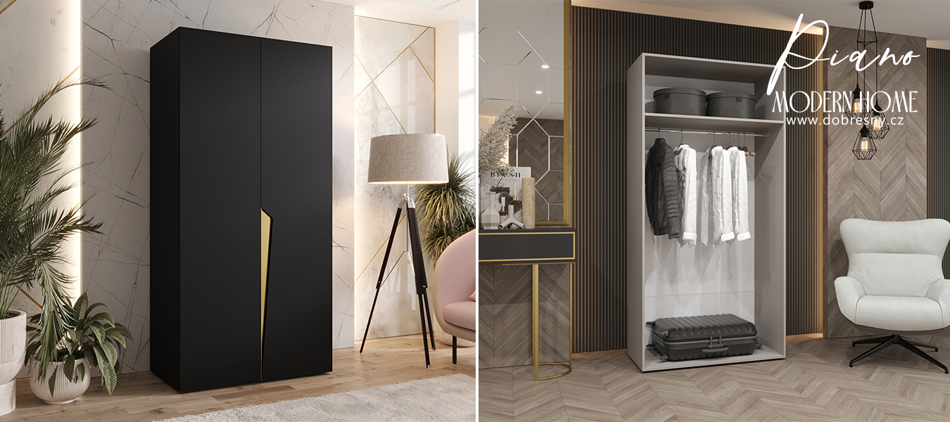 Šatní skříň PIANO 1, 100x52x202 cm | Černá matná / zlaté úchyty