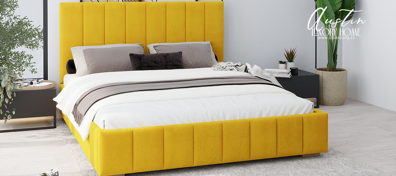 Čalouněná postel AUSTIN 180x200cm Žlutá Paris s úložným prostorem kovový rošt