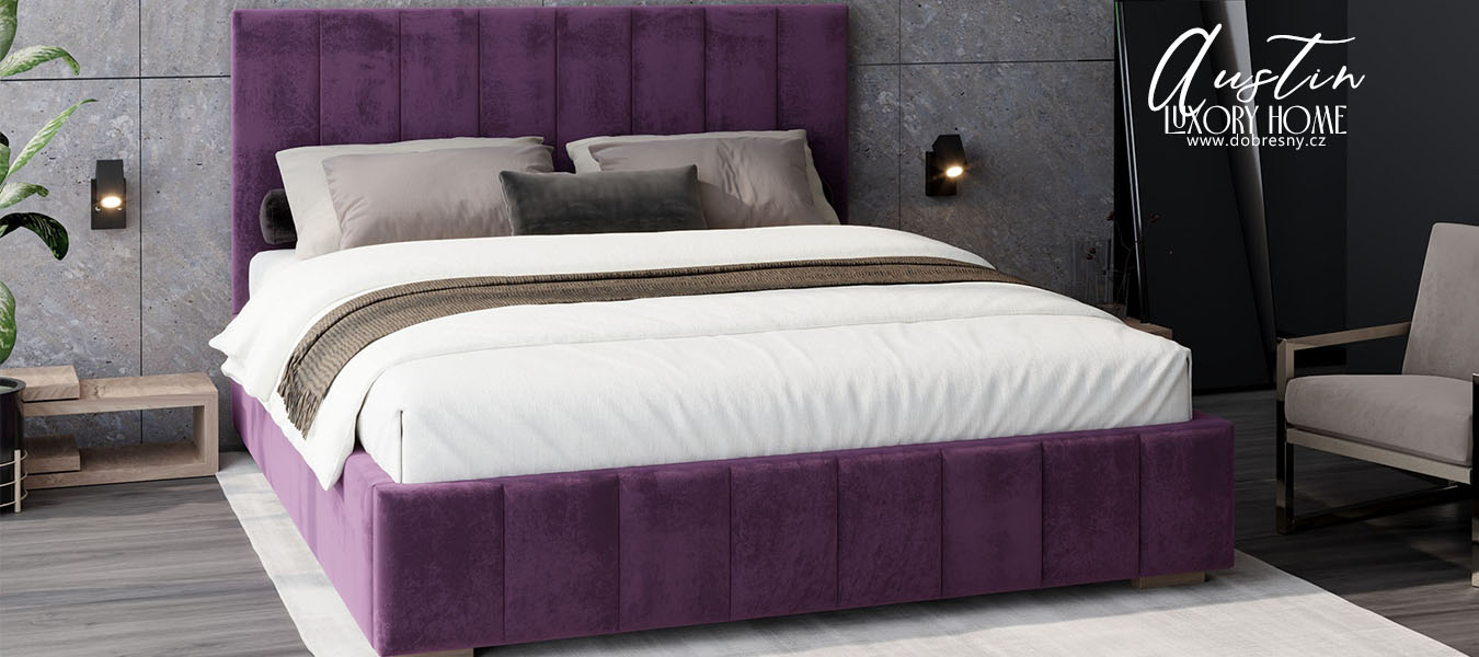 Čalouněná postel AUSTIN 180x200cm Tmavě fialová Paris s úložným prostorem kovový rošt