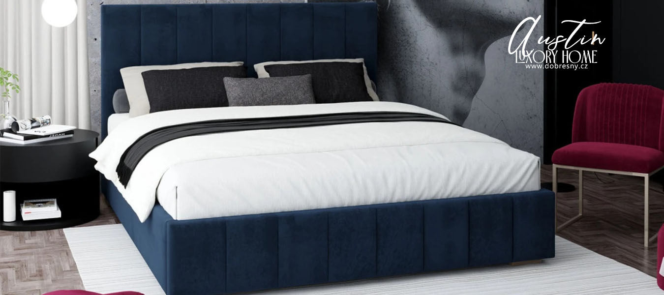 Čalouněná postel AUSTIN 120x200cm Tmavě modrá Paris s úložným prostorem kovový rošt