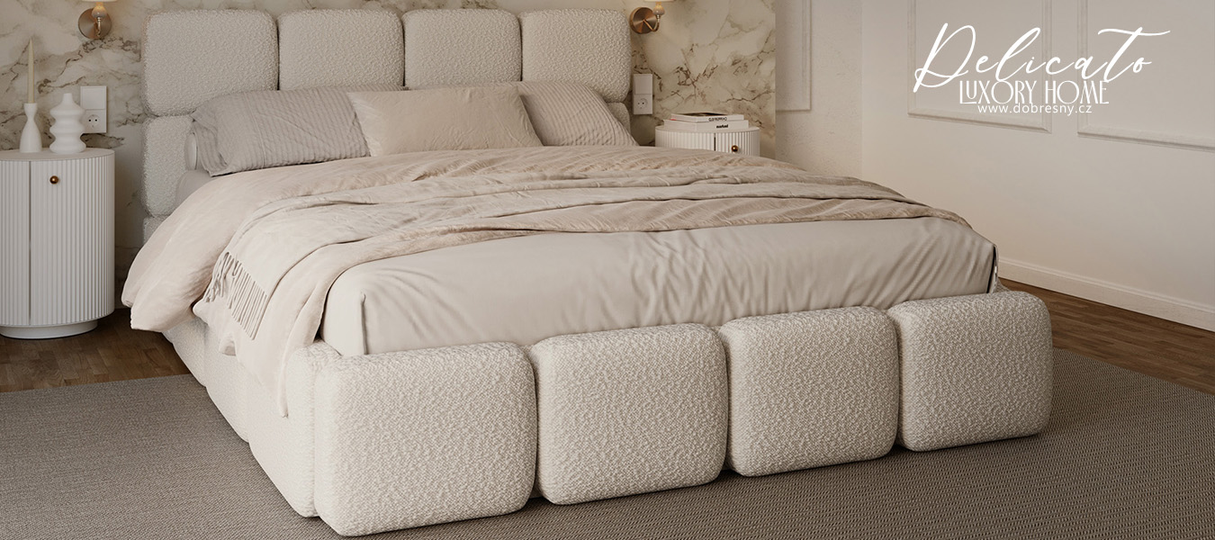 Čalouněná postel DELICATO 140x200 cm Krémová Boucle s úložným prostorem kovový rošt