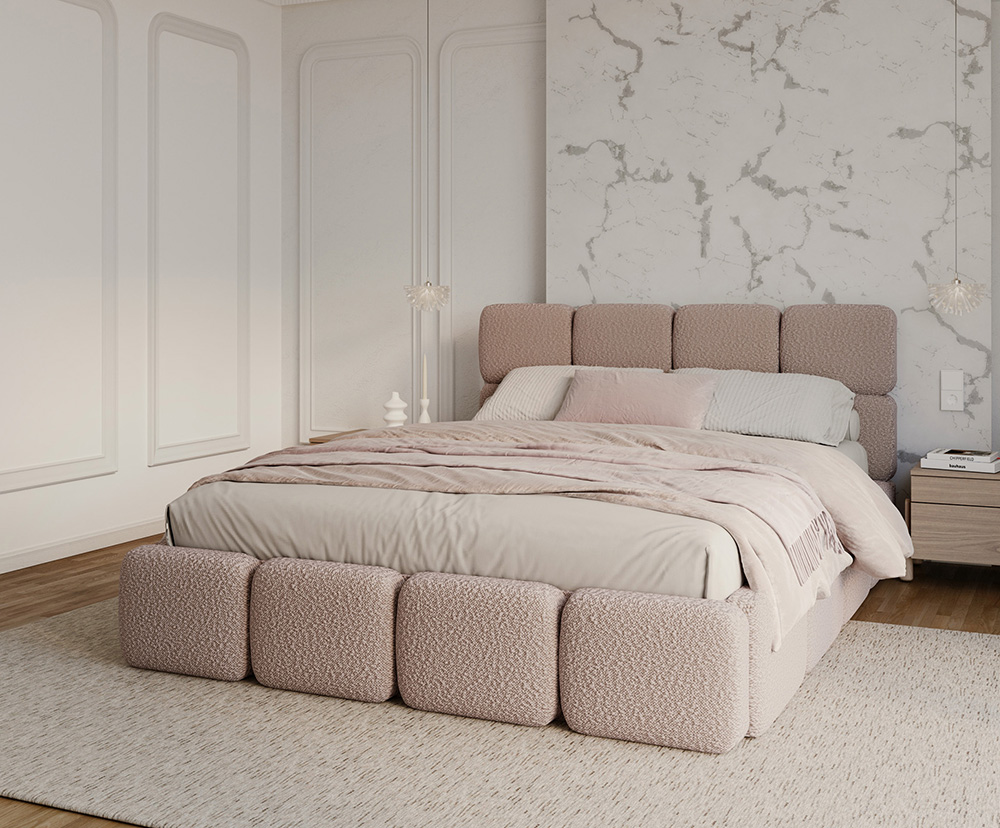 Čalouněná postel DELICATO 180x200 cm Růžová Boucle s úložným prostorem kovový rošt