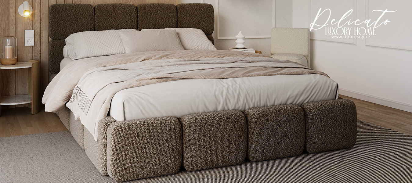 Čalouněná postel DELICATO 180x200 cm Hnědá Boucle s úložným prostorem kovový rošt