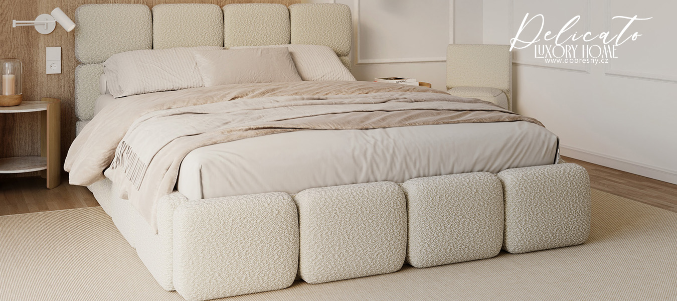 Čalouněná postel DELICATO 180x200 cm Béžová Boucle s úložným prostorem kovový rošt