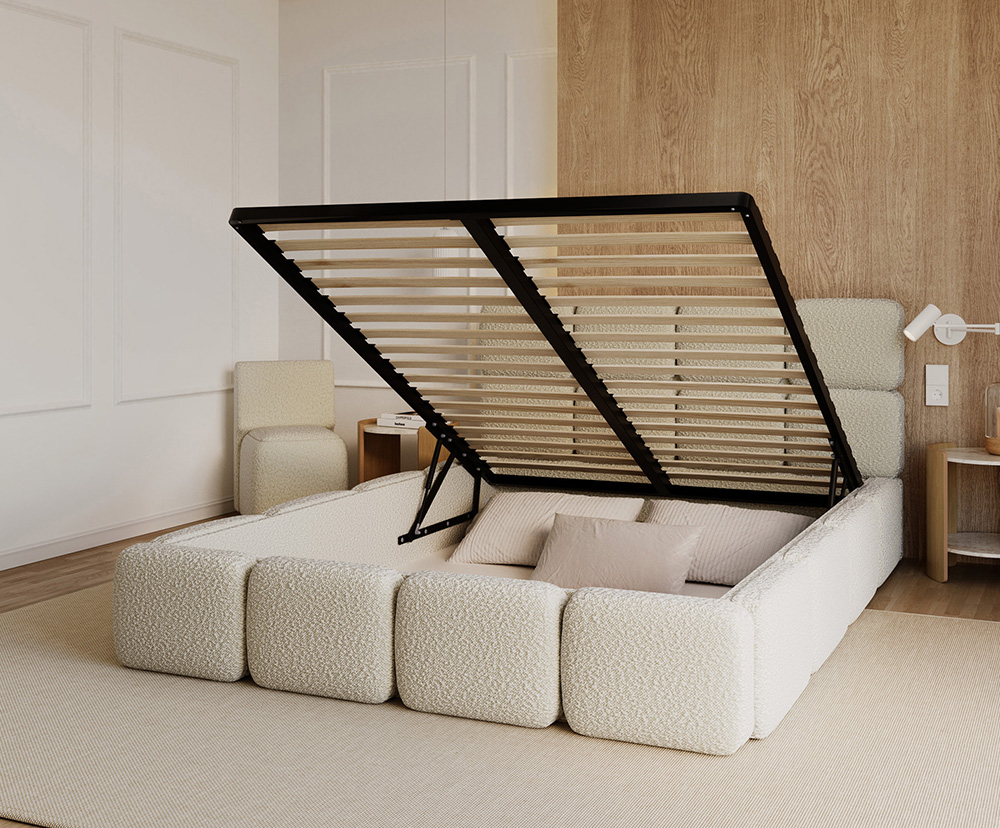 Čalouněná postel DELICATO 180x200 cm Béžová Boucle s úložným prostorem kovový rošt