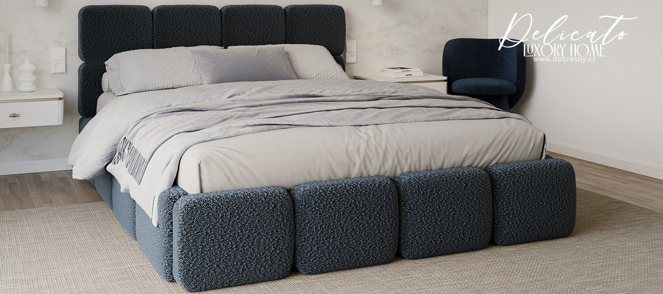 Čalouněná postel DELICATO 140x200 cm Modrá Boucle s úložným prostorem kovový rošt