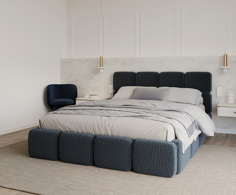 Čalouněná postel DELICATO 180x200 cm Modrá Boucle s úložným prostorem kovový rošt