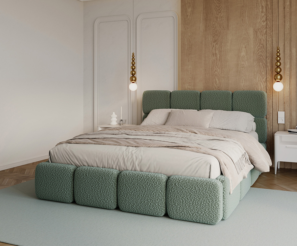 Čalouněná postel DELICATO 140x200 cm Tyrkysová Boucle s úložným prostorem kovový rošt