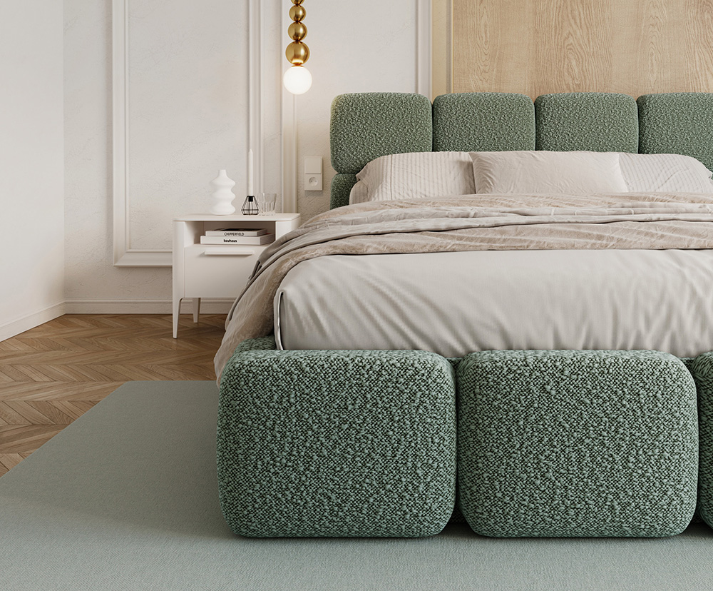 Čalouněná postel DELICATO 140x200 cm Tyrkysová Boucle s úložným prostorem kovový rošt