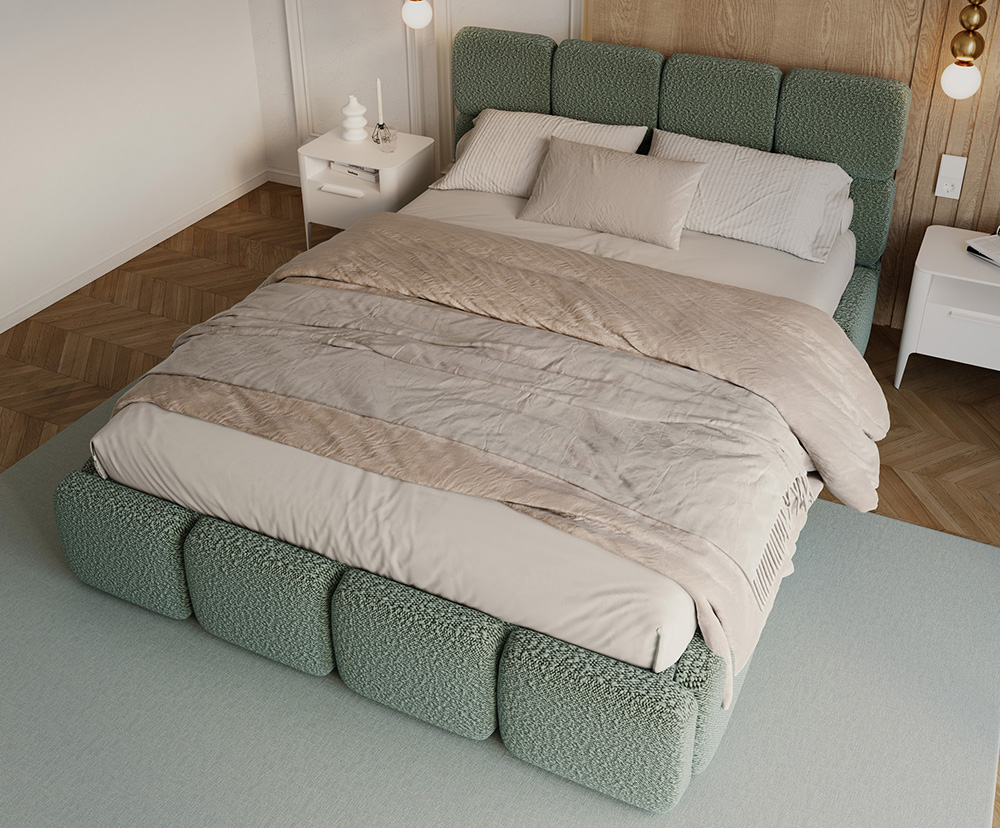 Čalouněná postel DELICATO 180x200 cm Tyrkysová Boucle s úložným prostorem kovový rošt