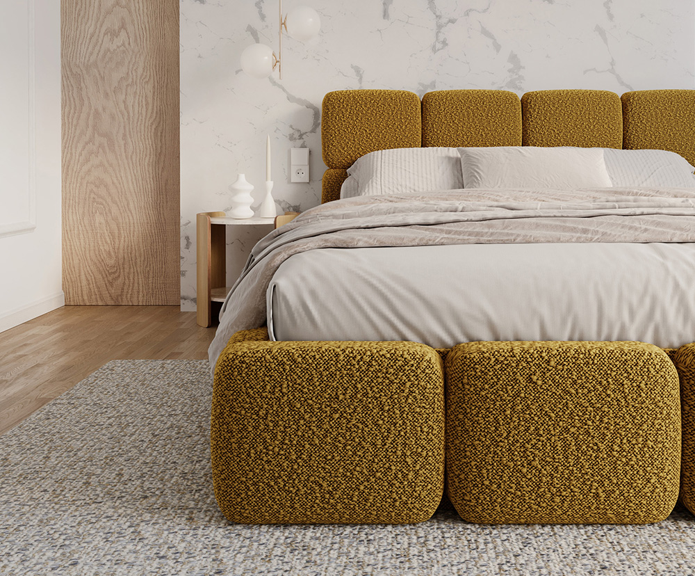 Čalouněná postel DELICATO 140x200 cm Žlutá Boucle s úložným prostorem kovový rošt