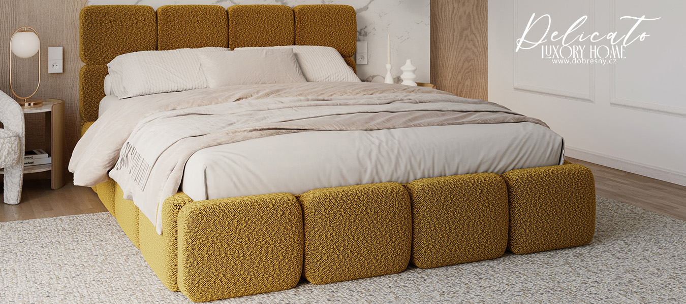 Čalouněná postel DELICATO 160x200 cm Žlutá Boucle s úložným prostorem kovový rošt