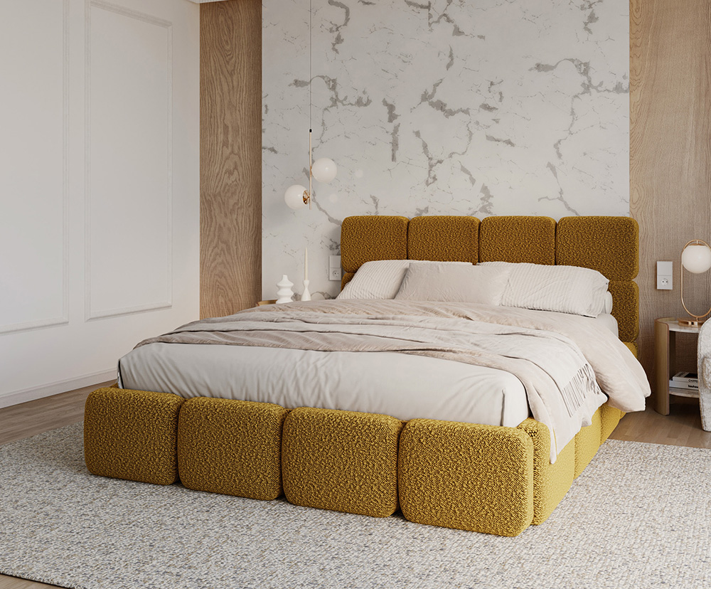 Čalouněná postel DELICATO 180x200 cm Žlutá Boucle s úložným prostorem kovový rošt