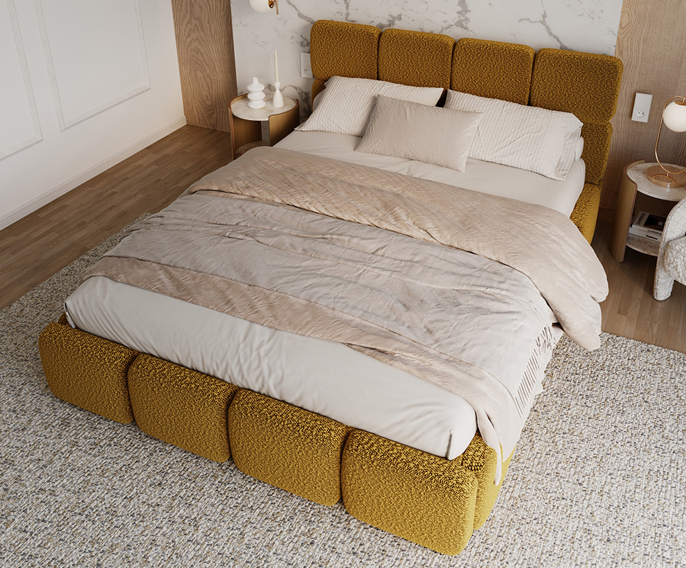 Čalouněná postel DELICATO 180x200 cm Žlutá Boucle s úložným prostorem kovový rošt