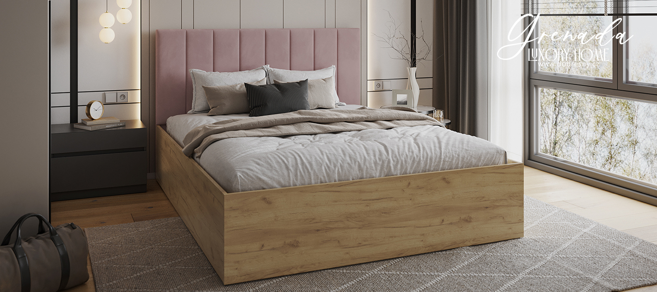 Čalouněná postel GRENADA 160x200 cm se zdvižným roštem růžová