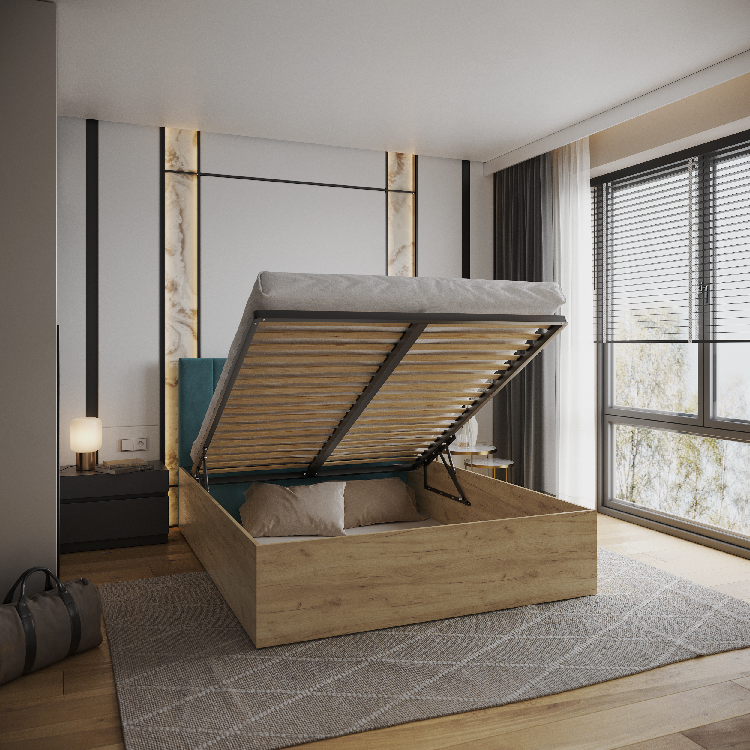 Čalouněná postel GRENADA 180x200 cm se zdvižným roštem tyrkysová