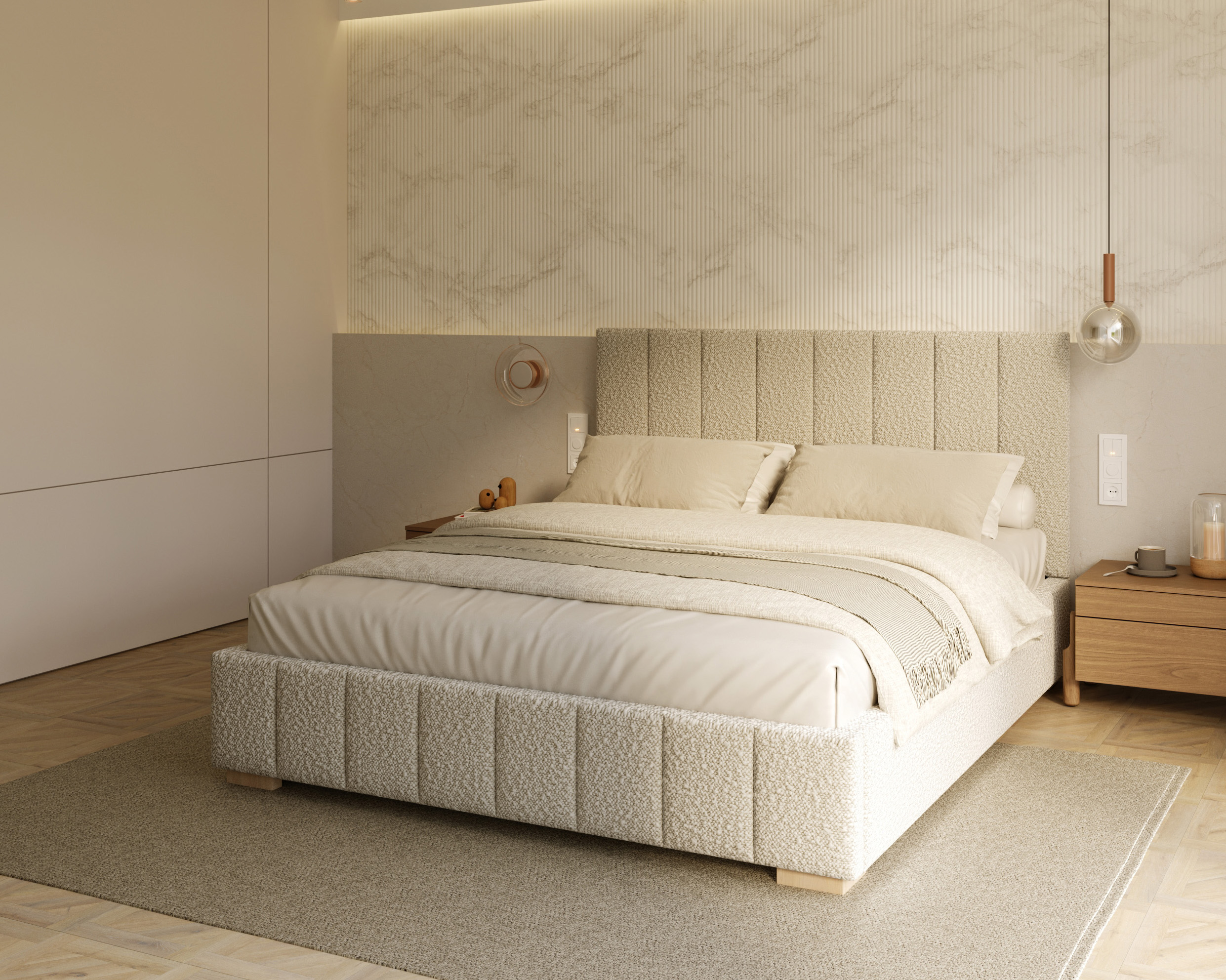 Čalouněná postel AUSTIN 160x200cm Béžová Boucle s úložným prostorem kovový rošt