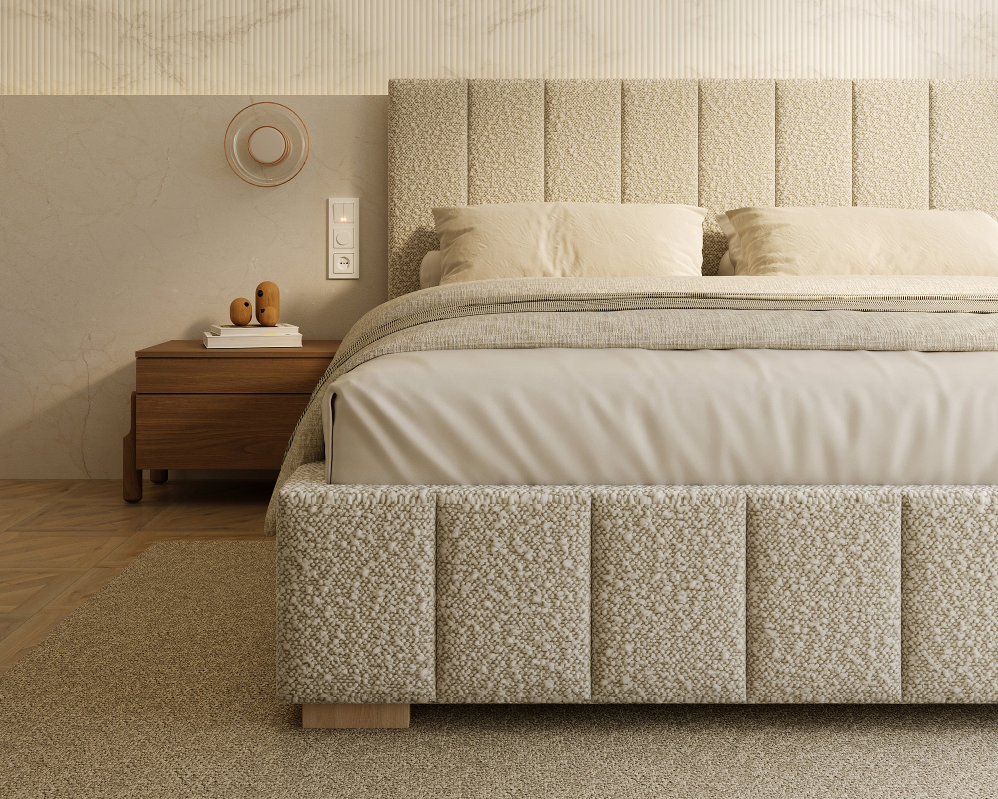 Čalouněná postel AUSTIN 160x200cm Béžová Boucle s úložným prostorem kovový rošt