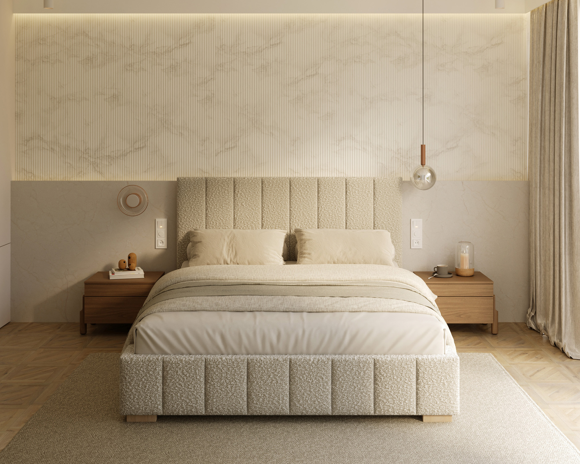 Čalouněná postel AUSTIN 180x200cm Béžová Boucle s úložným prostorem kovový rošt