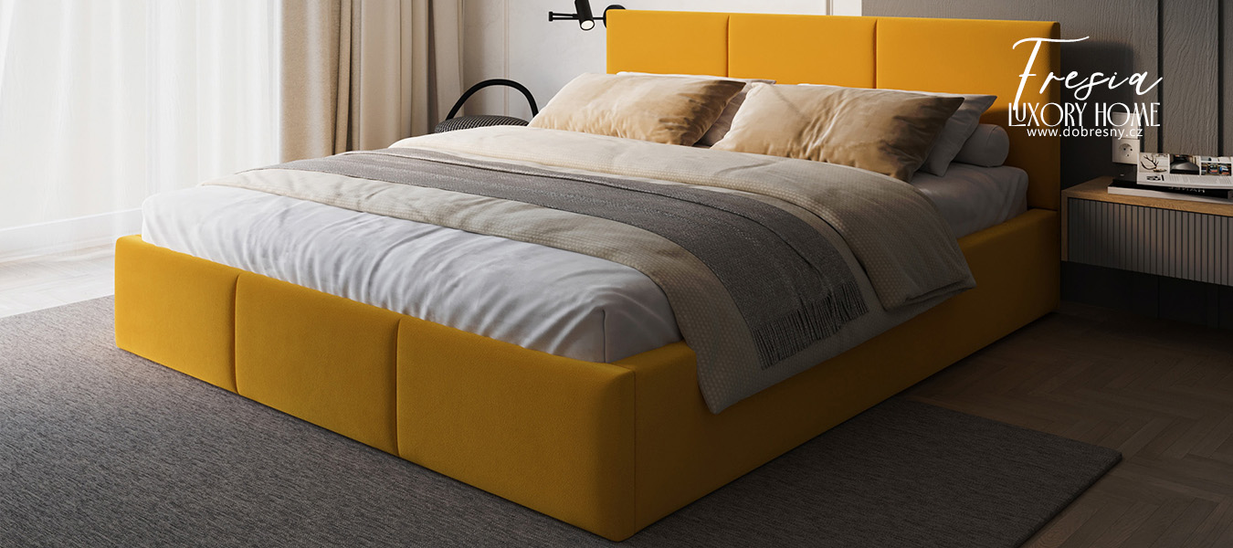 Čalouněná postel FRESIA 90x200cm Žlutá Paris s úložným prostorem kovový rošt
