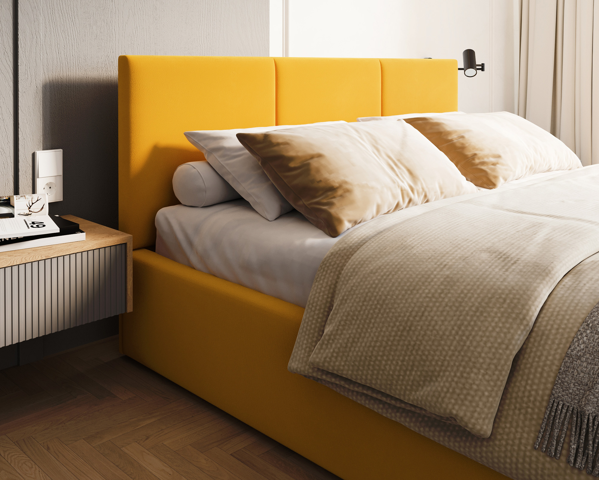 Čalouněná postel FRESIA 140x200cm Žlutá Paris s úložným prostorem kovový rošt