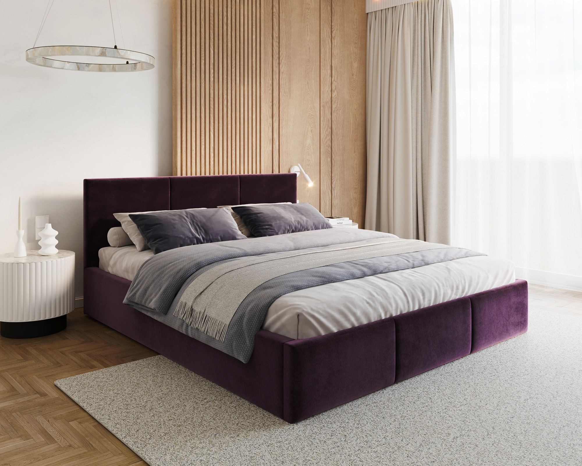 Čalouněná postel FRESIA 140x200cm Tmavě fialová Paris s úložným prostorem kovový rošt