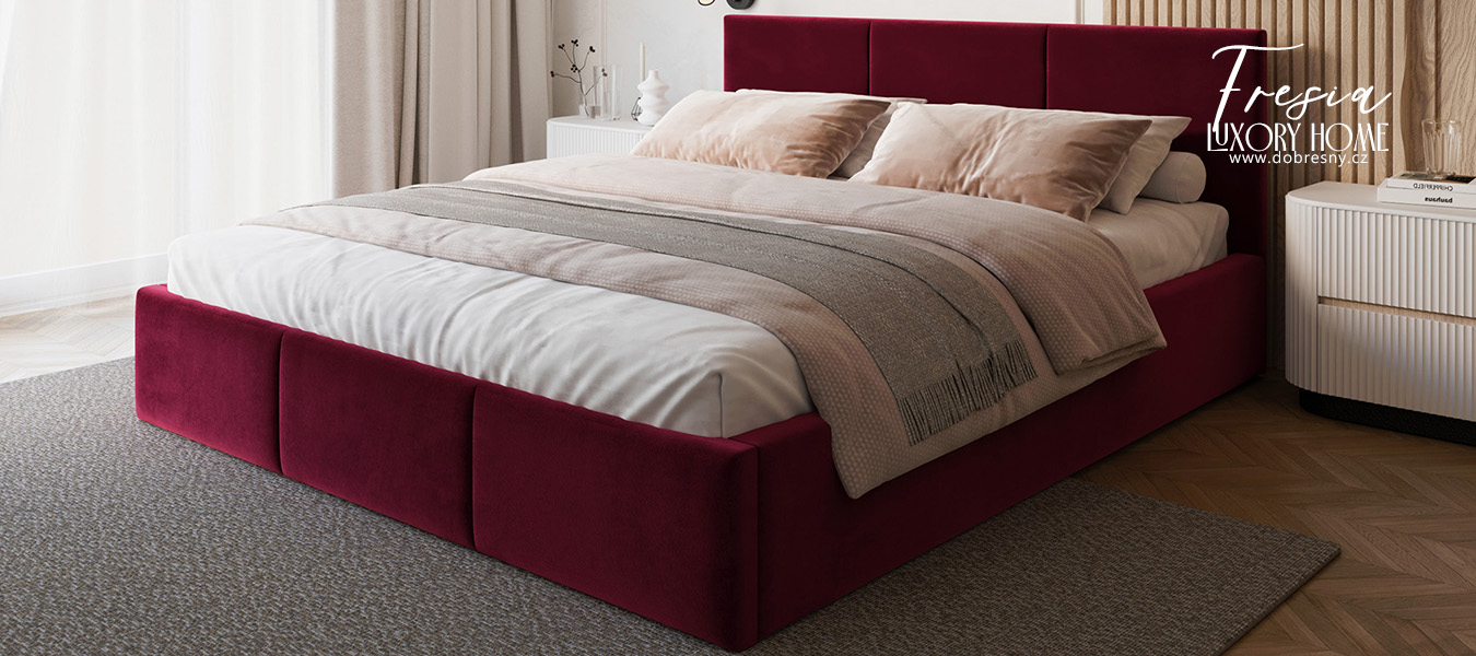 Čalouněná postel FRESIA 90x200cm Vínová Paris s úložným prostorem kovový rošt