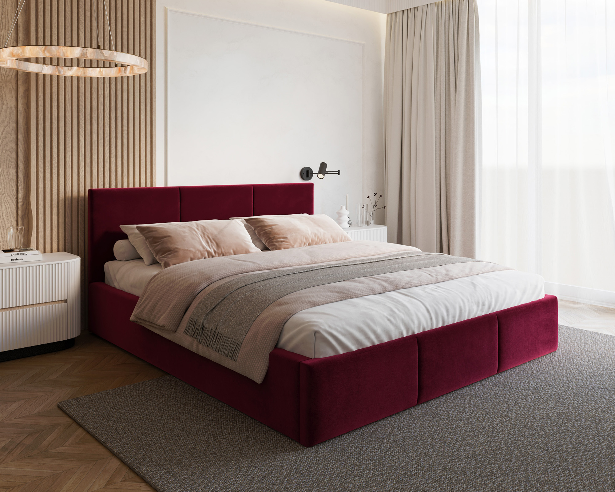 Čalouněná postel FRESIA 90x200cm Vínová Paris s úložným prostorem kovový rošt