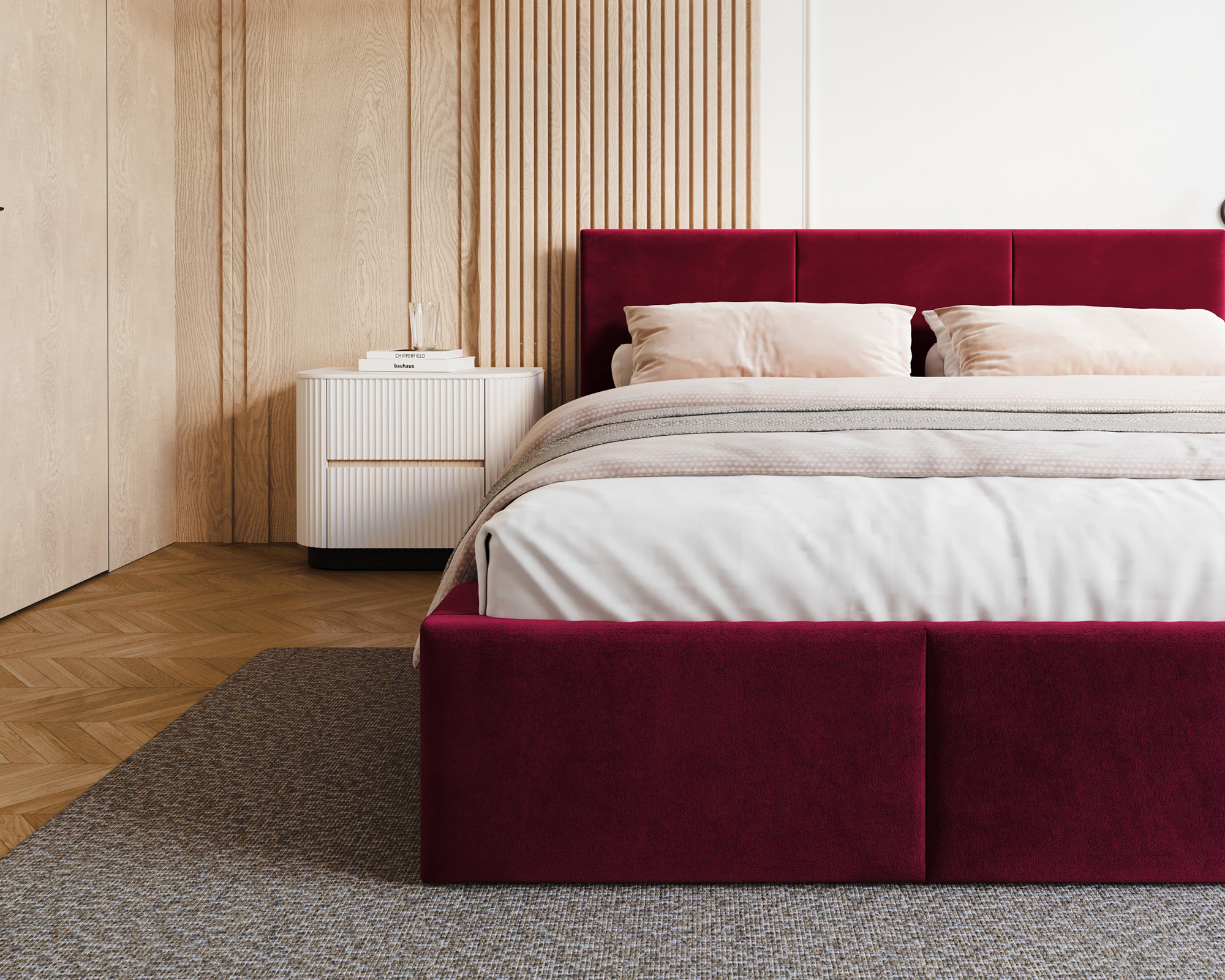 Čalouněná postel FRESIA 90x200cm Vínová Paris s úložným prostorem kovový rošt