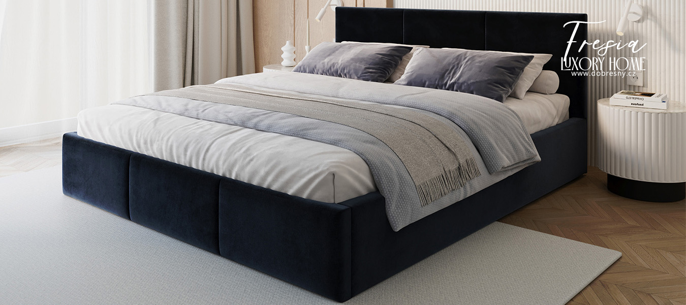 Čalouněná postel FRESIA 90x200cm Tmavě modrá Paris s úložným prostorem kovový rošt