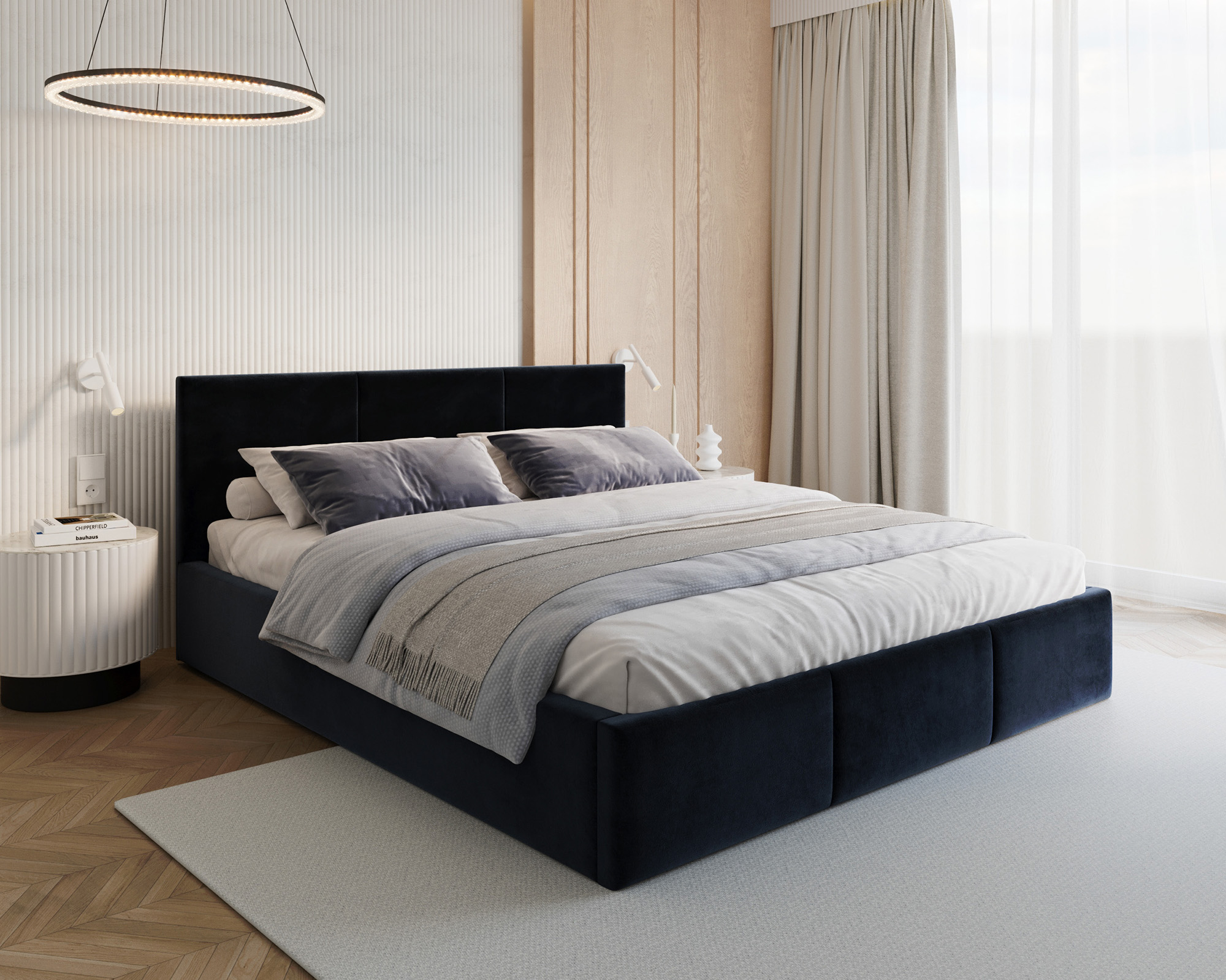 Čalouněná postel FRESIA 90x200cm Tmavě modrá Paris s úložným prostorem kovový rošt