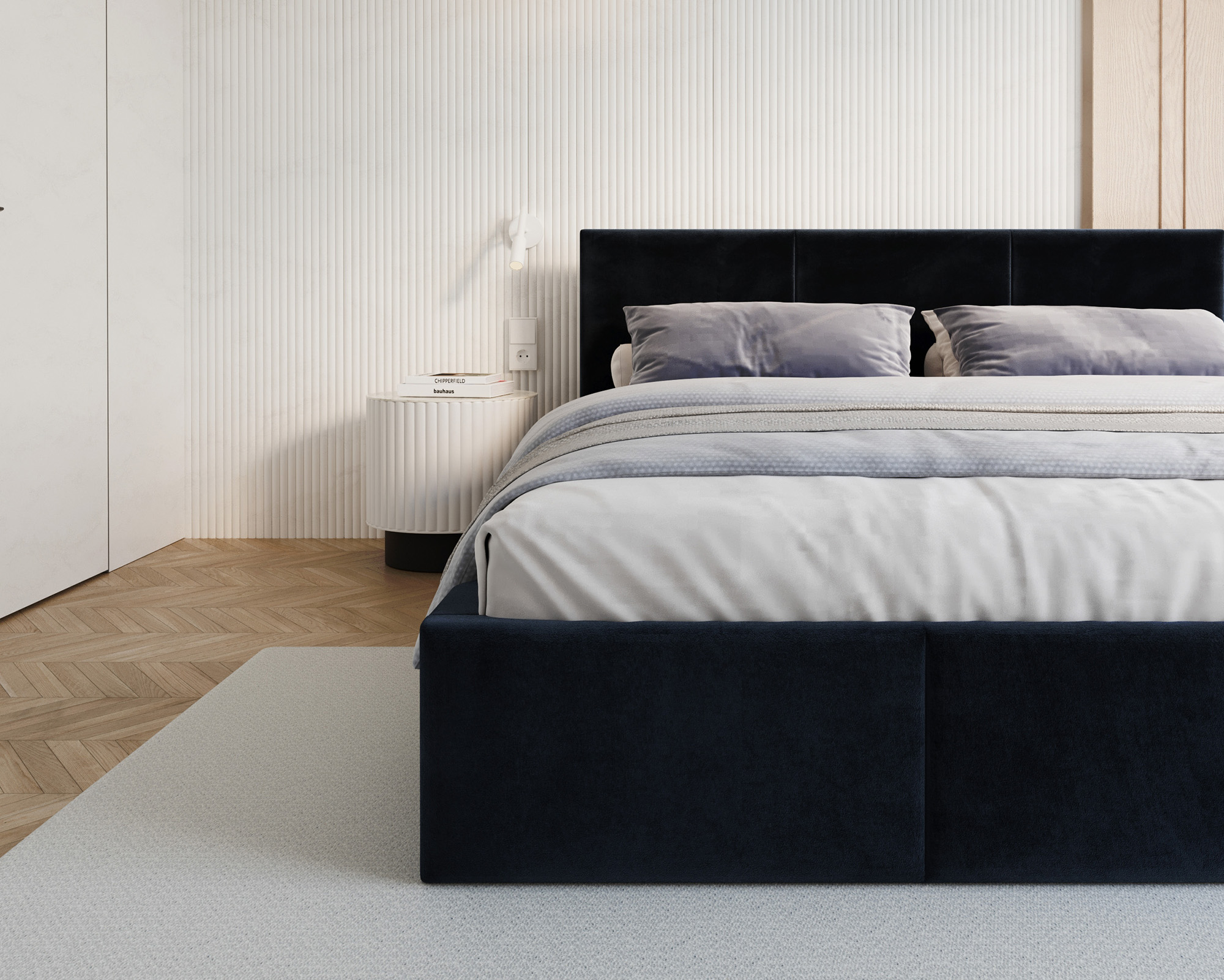 Čalouněná postel FRESIA 90x200cm Tmavě modrá Paris s úložným prostorem kovový rošt