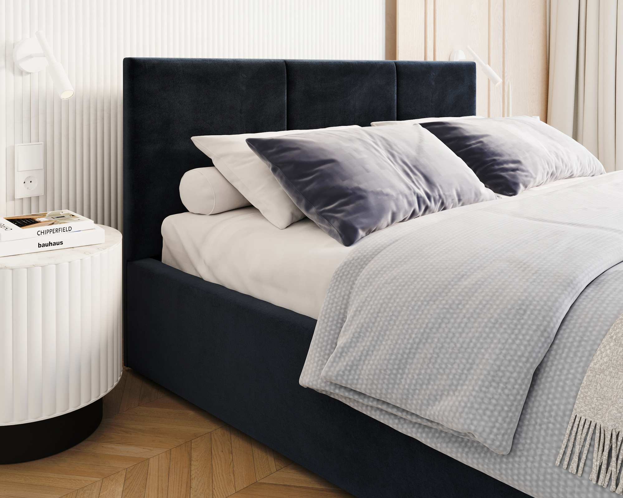 Čalouněná postel FRESIA 90x200cm Tmavě modrá Paris s úložným prostorem kovový rošt