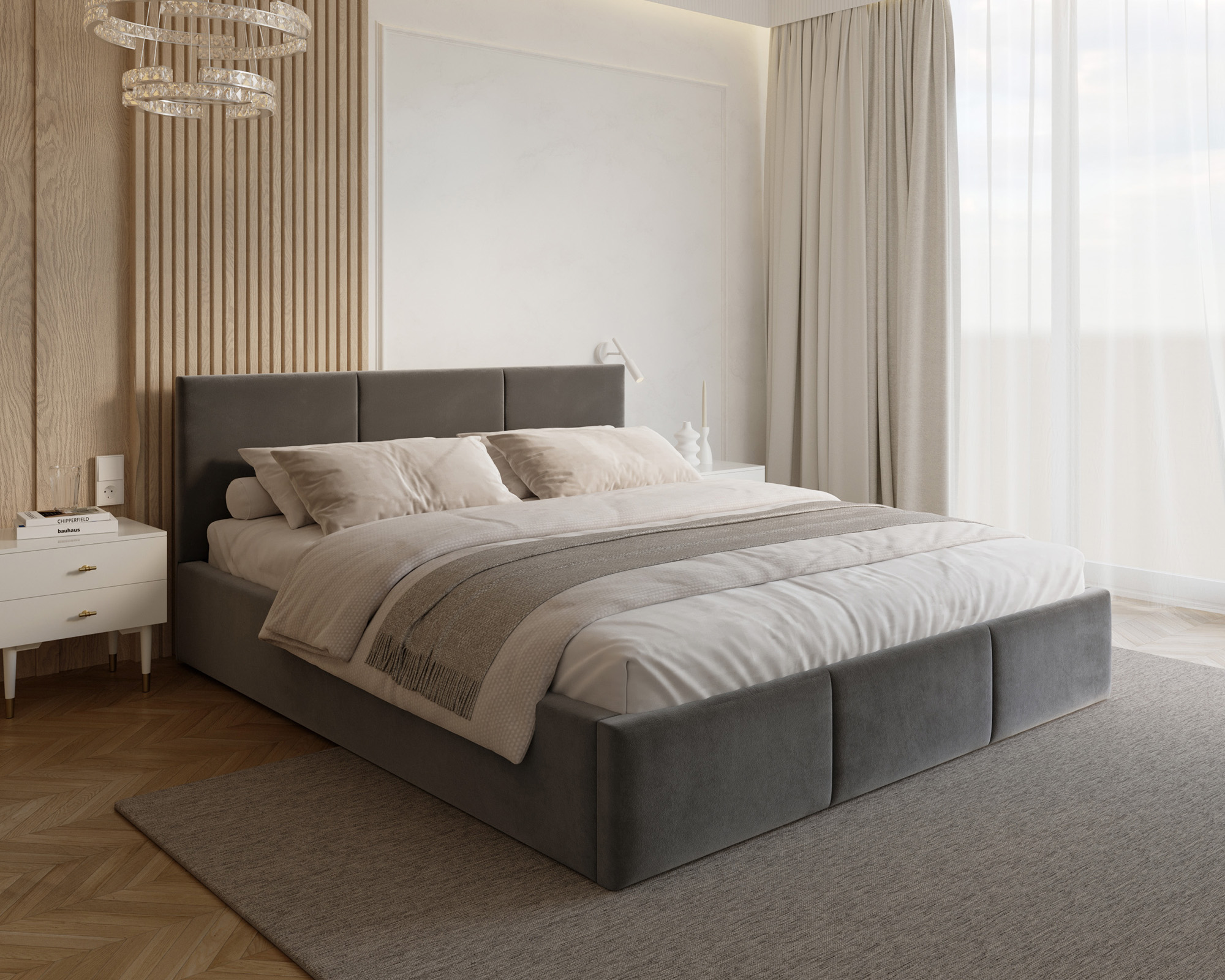 Čalouněná postel FRESIA 90x200cm Šedá Paris s úložným prostorem kovový rošt