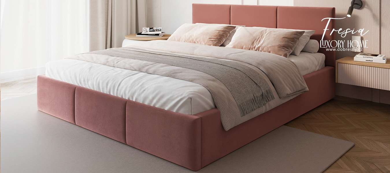 Čalouněná postel FRESIA 160x200cm Lososová Paris s úložným prostorem kovový rošt