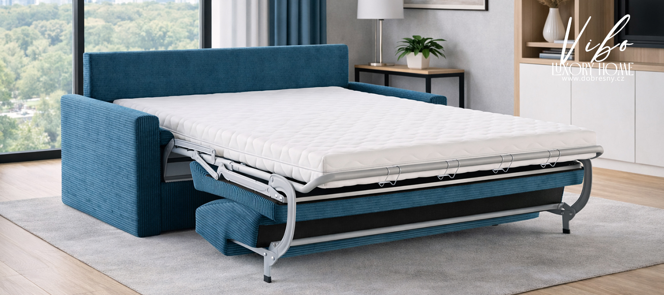 Rozkládací pohovka VIBO MODRÁ SZTRUKS 140x197cm