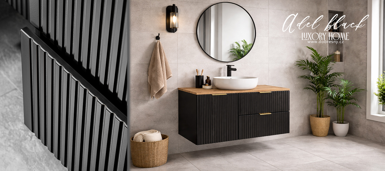 Koupelnová sestava ADEL BLACK s deskou NATURE WOTAN a košem na prádlo 100cm
