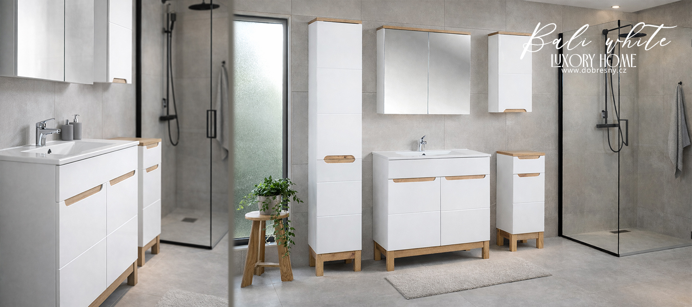 Koupelnová sestava BALI WHITE 60cm s vysokou skříňkou, zrcadlem a umyvadlem