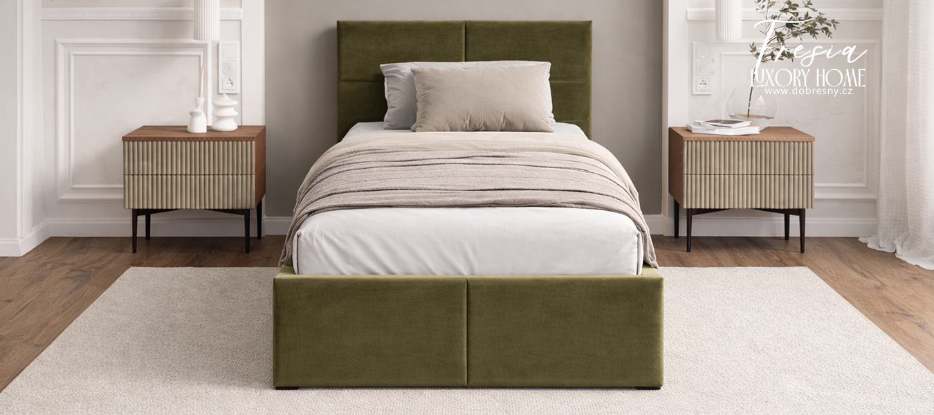 Čalouněná postel FRESIA 90x200 s kovovým zdvižným roštem OLIVOVÁ TRINITY