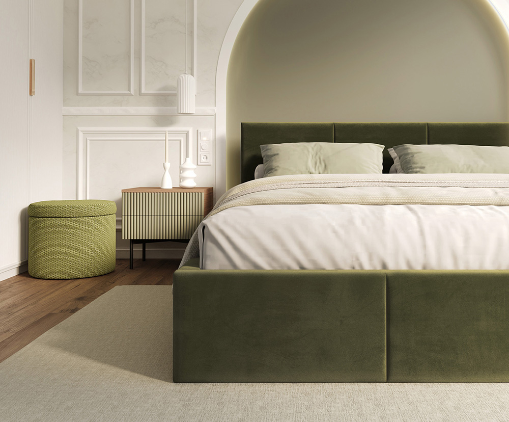 Čalouněná postel FRESIA 160x200 s kovovým zdvižným roštem OLIVOVÁ TRINITY