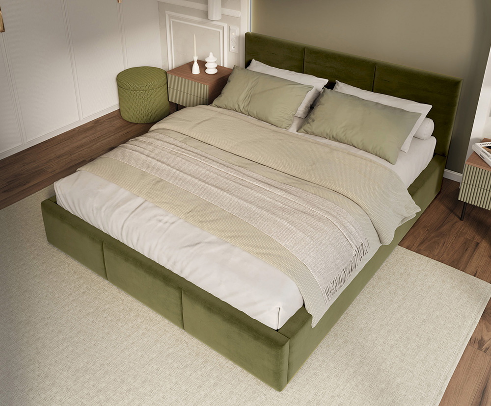 Čalouněná postel FRESIA 160x200 s kovovým zdvižným roštem OLIVOVÁ TRINITY