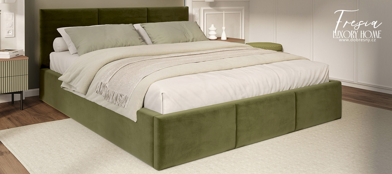 Čalouněná postel FRESIA 180x200 s kovovým zdvižným roštem OLIVOVÁ TRINITY