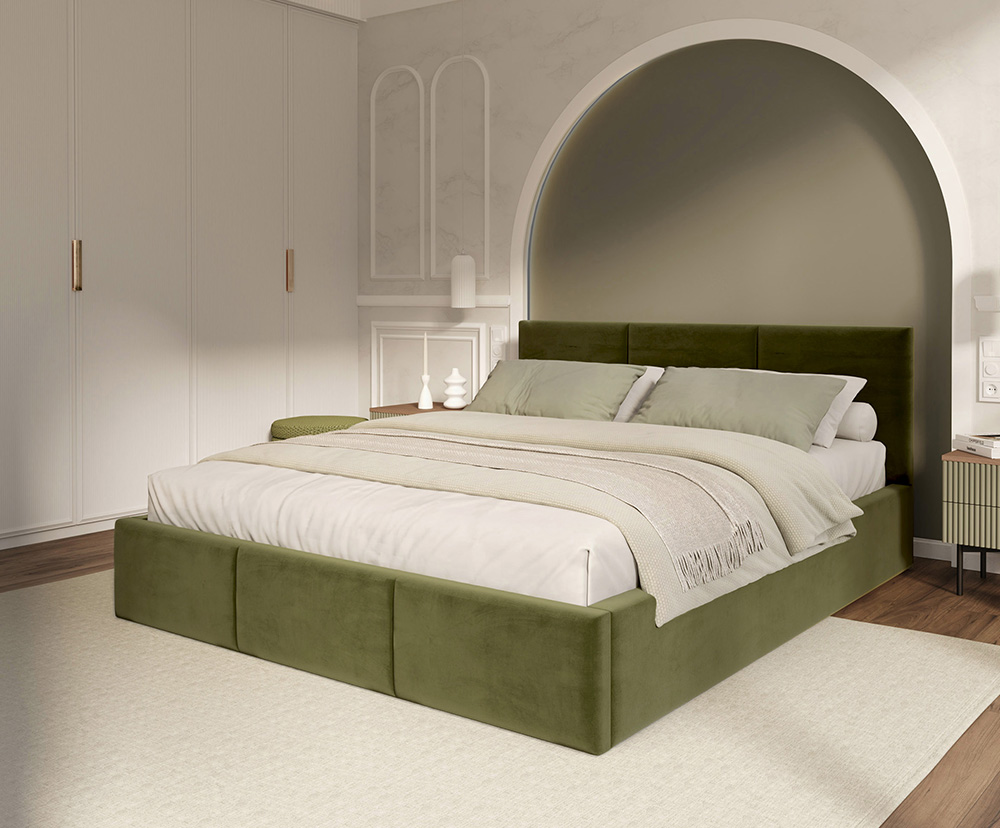 Čalouněná postel FRESIA 180x200 s kovovým zdvižným roštem OLIVOVÁ TRINITY