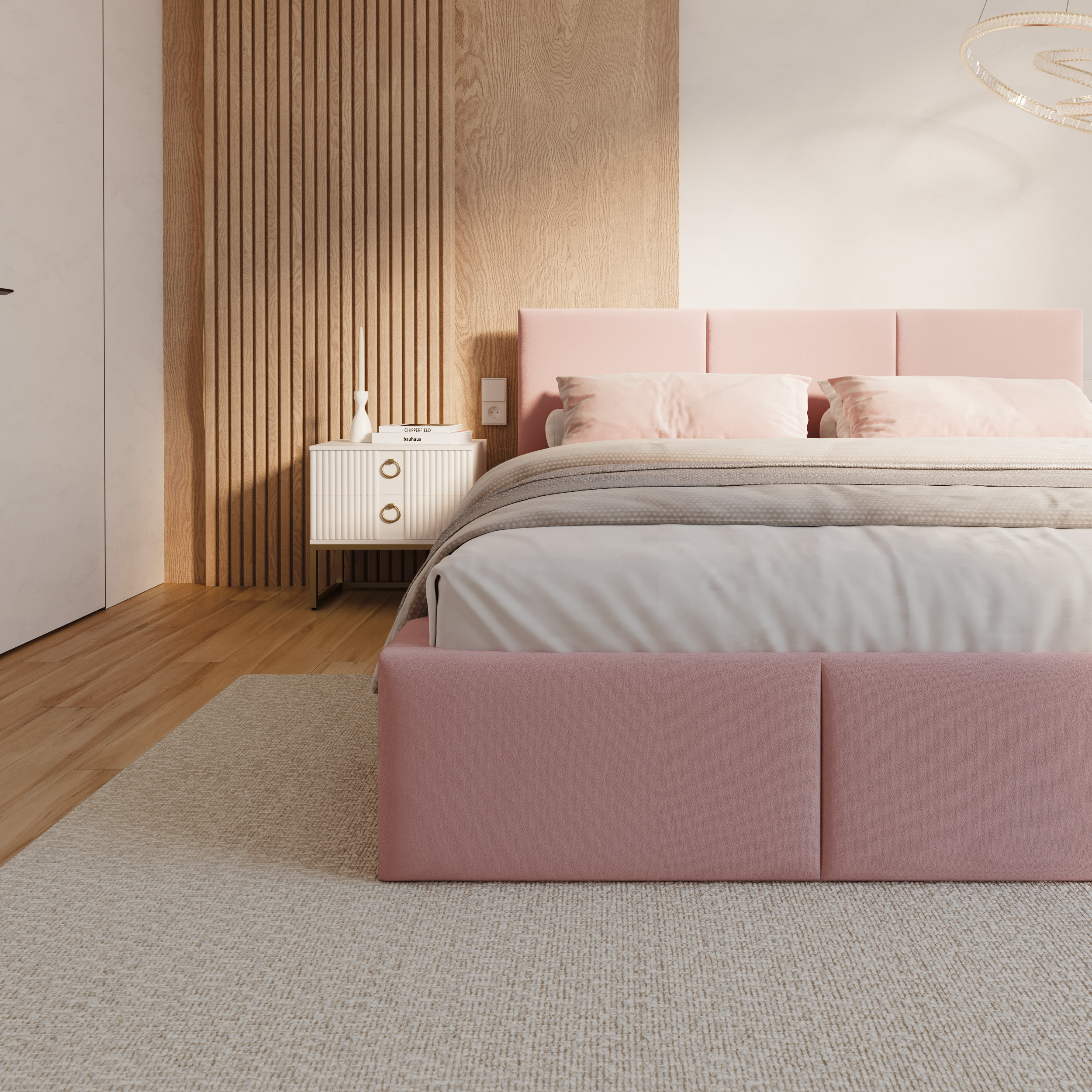 Čalouněná postel FRESIA 200x200 s kovovým zdvižným roštem RŮŽOVÁ TRINITY